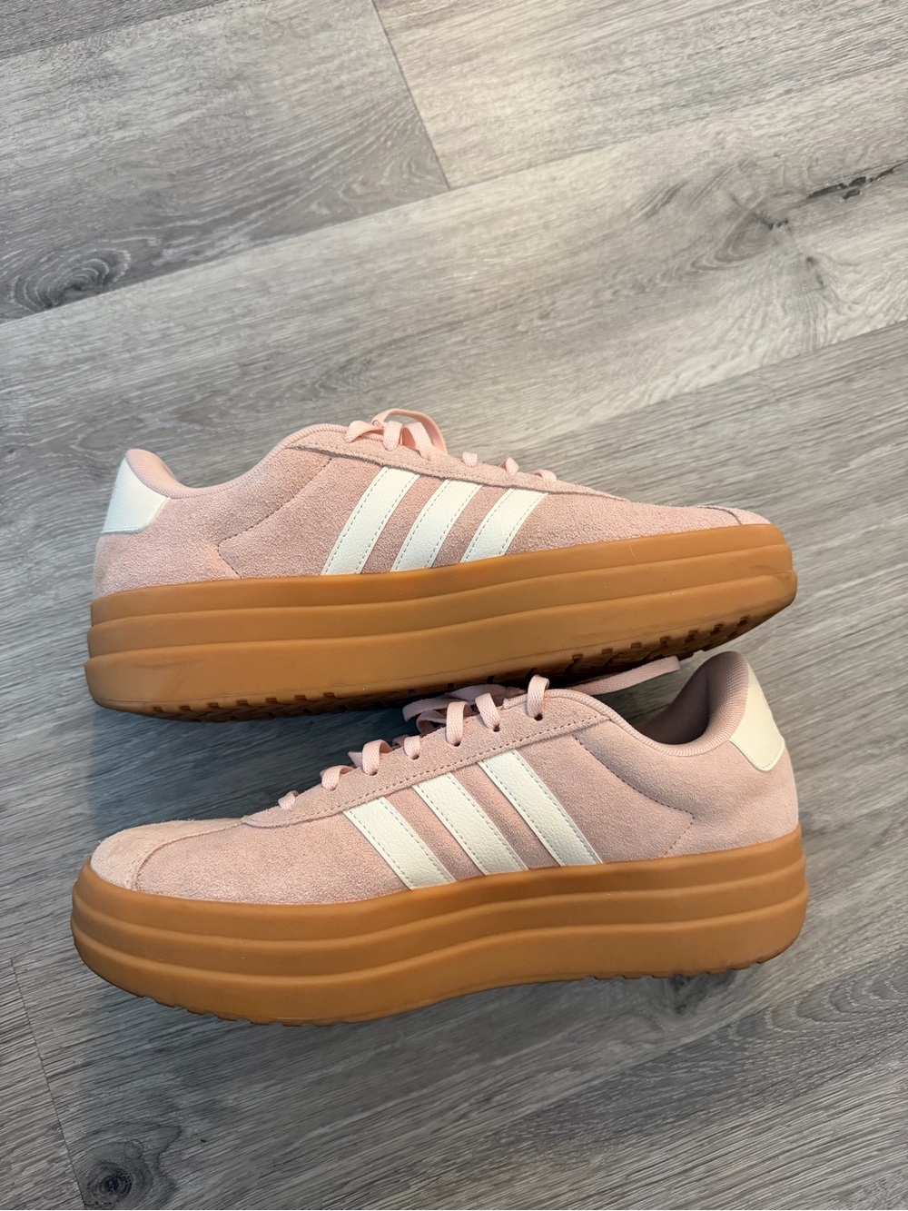 adidas Women’s Pink Suede Platform Sneakers with White Stripes